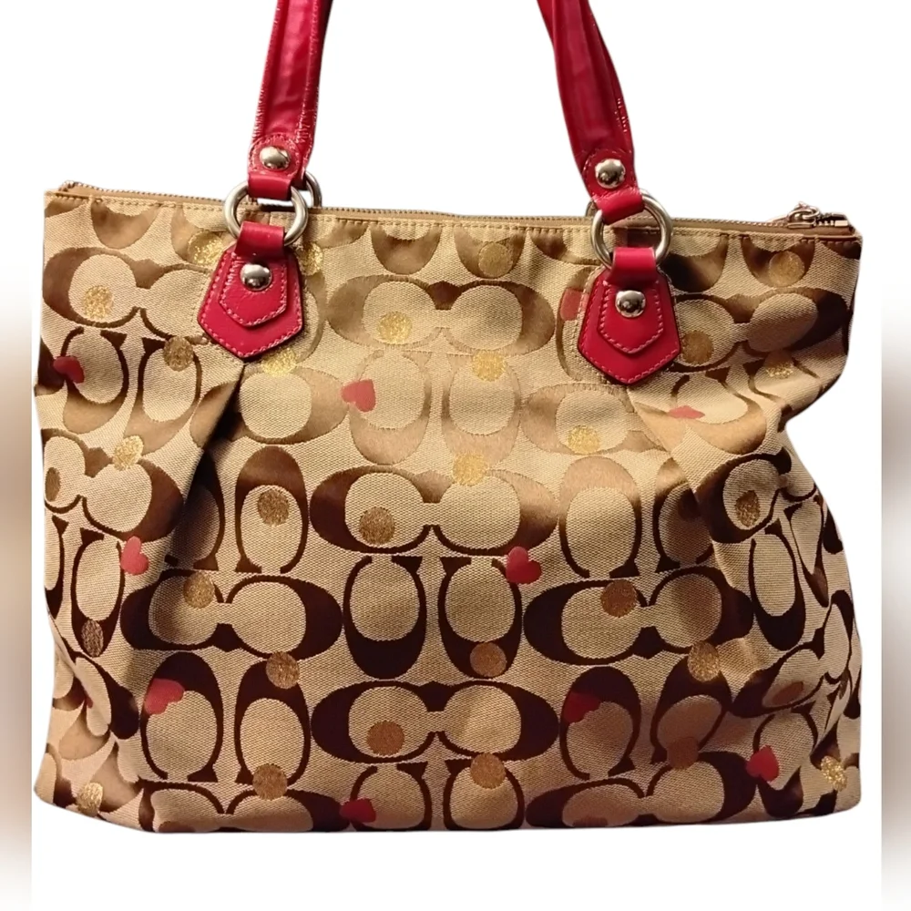 Coach Poppy Secret Admirer Signature Tan and Red Patent Leather Bag. - Picture 5 of 9